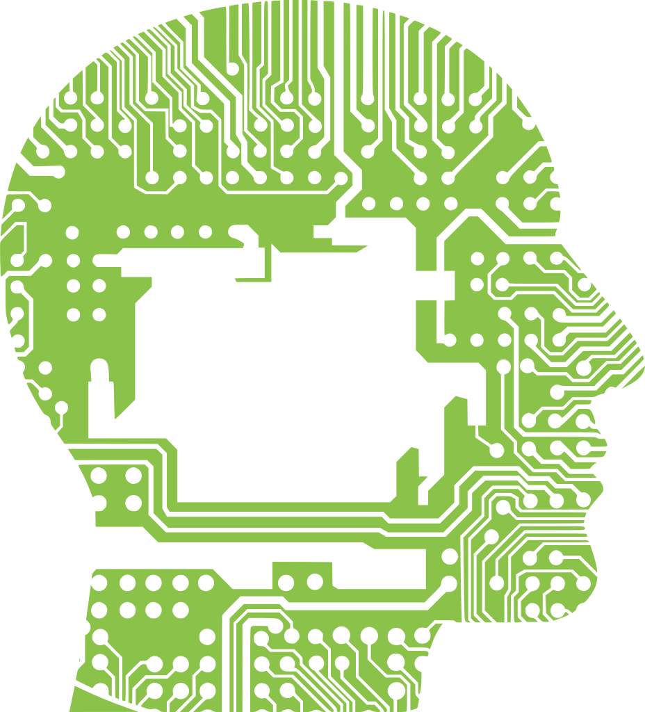 Das Bild eines menschlichen, wie ein Microchip gemusterten Kopfes steht für die Verbindung von menschlicher und künstlicher Intelligenz, um die es in den Workshops zum Forschen und Schreiben mit KI geht